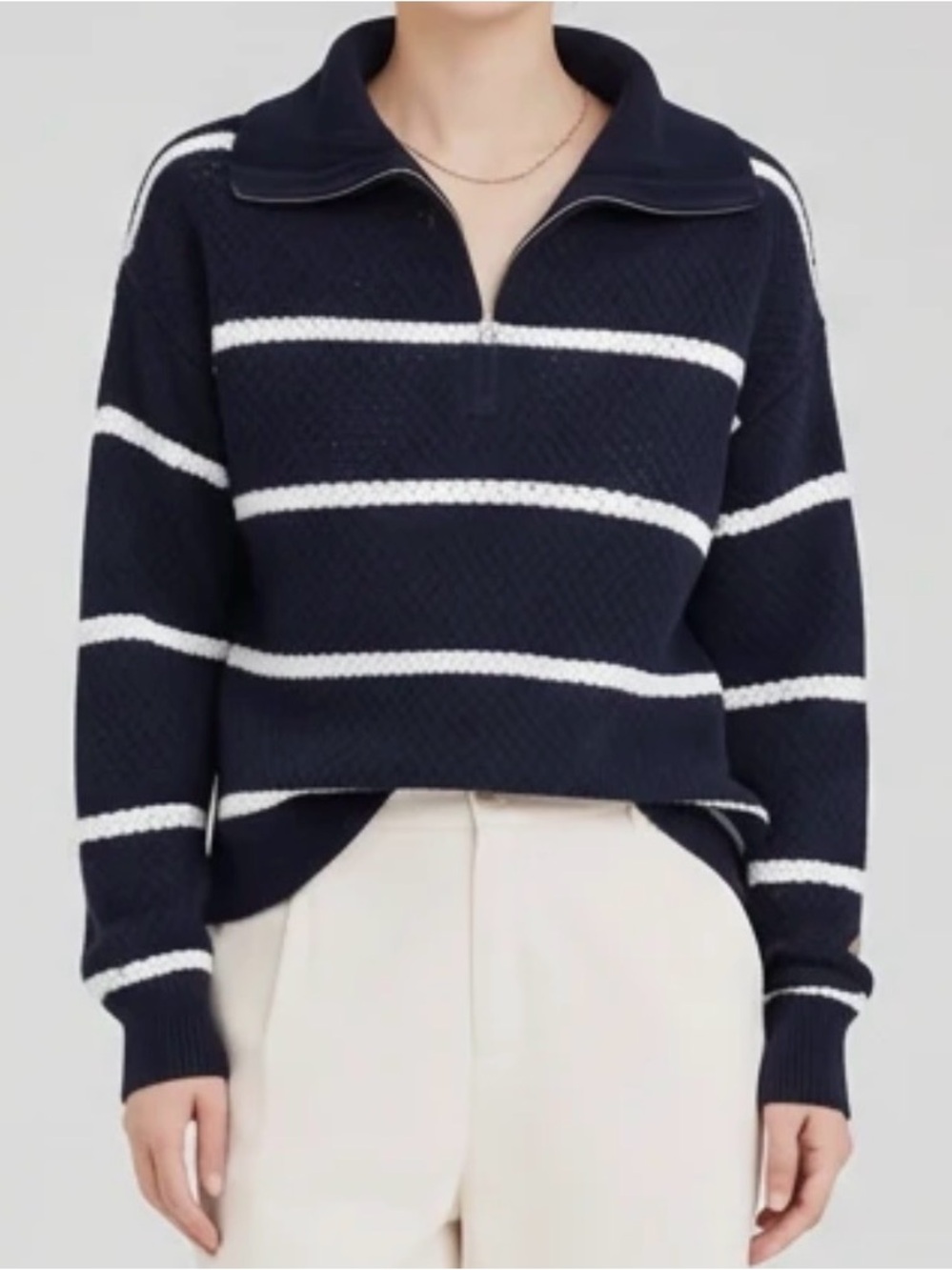 Universal Thread Navy & White Striped Half-Zip Cowl Sweater